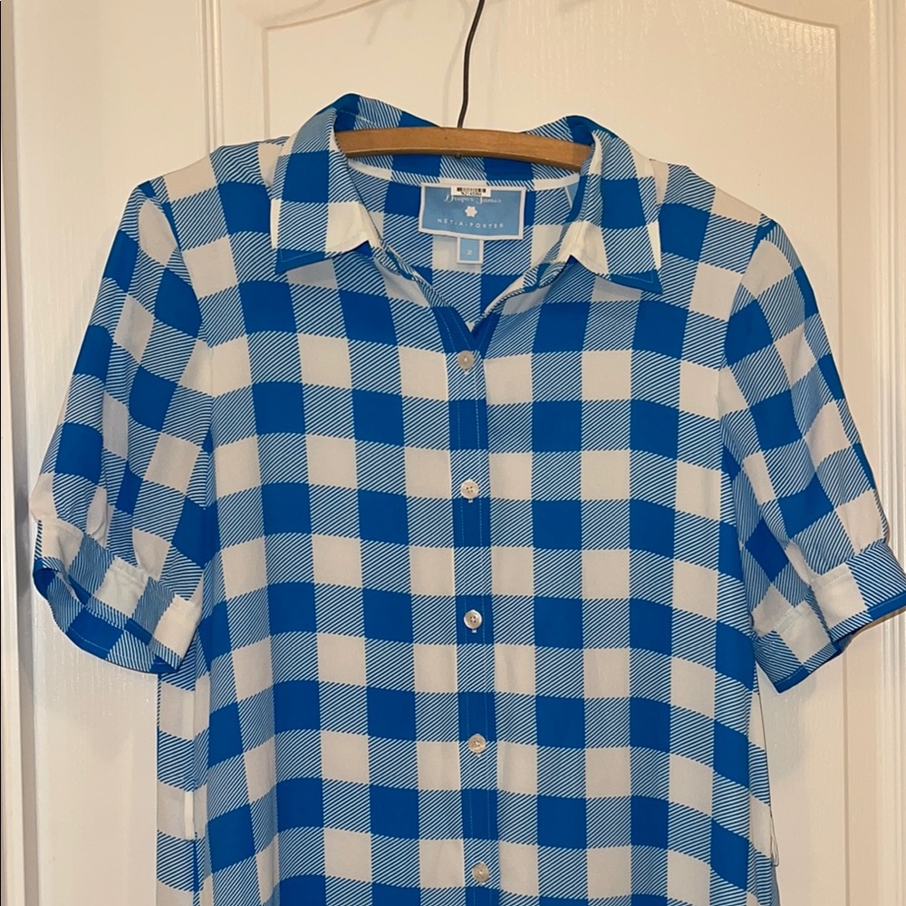 Blue and White Plaid Button-Up Dress